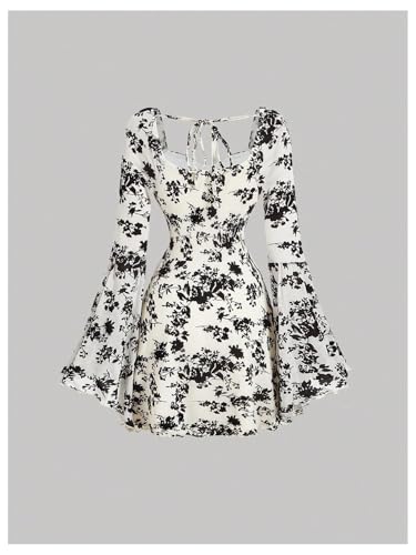 Image of WDIRARA Women's Floral Jacquard Mesh Gothic Dress Bell Long Sleeve A Line Vintage Dresses