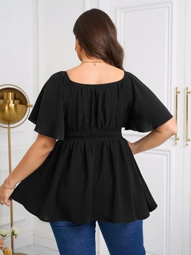 Womens Plus Size Blouse Summer Tops Sweetheart Neck Short Sleeve Ruffle Peplum Smocked Dressy Casual Top2