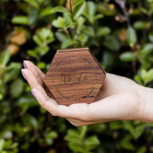 Image of Custom Engraved Hexagonal Wooden Ring Box for Wedding Ceremony, Hexagonal Solid Wood Wedding Ring Holder