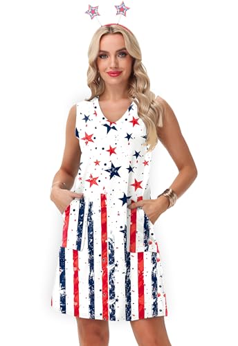 Image of Deerose Womens July 4th Sleeveless Dress American Flag Swim Cover Up Dress with Pockets