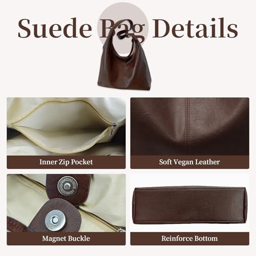 Image of Leather Hobo Bags for Women Slouchy Tote Bag Retro PU Leather Purse Soft Shoulder Handbags Large Work Tote Bag 2pcs