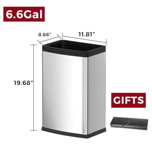 Image of 25L /6GALSquare Silver Garbage Can,Tall Kitchen Garbage Can,Silver Tall Trash can for Bathroom,Tall Stainless Steel dusbin for Commercial,Detached House