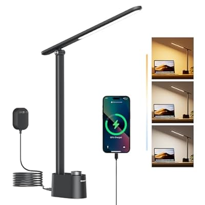 Honeywell LED Desk Lamp - Sunturalux Desk Lamps for Home Office with USB A+C Charging Ports, Stepless Dimmable Eye-Caring Foldable Desk Light for Table Bedroom Bedside Reading(Black)