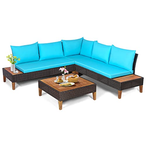 Tangkula 4 Pieces Acacia Wood Patio Conversation Set, Patiojoy Outdoor