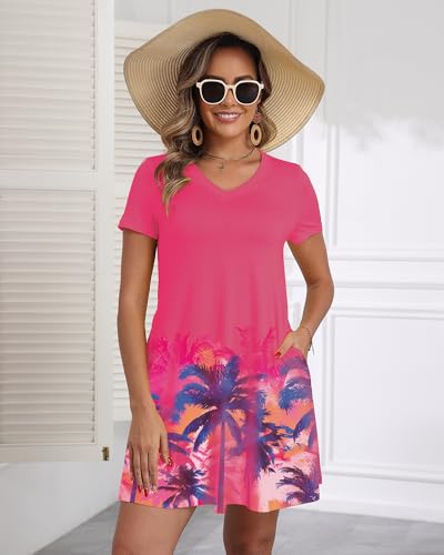 Image of COSSEN Women's Casual T Shirt Dress V-Neck Short Sleeves Swing Dresses Birthday Party Summer Travel Beach with Pocket