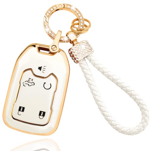 Coque de clé premium en TPU blanc brillant avec porte-clés strass pour GMC Sierra et Acadia