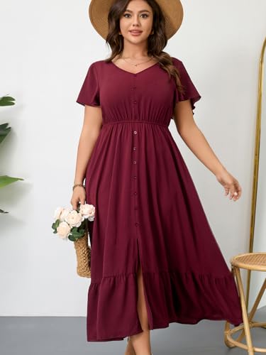 RWJ Women Plus Size Maxi Dress V Neck Short Sleeve Button Trim Split Flowy Tiered Casual Long Dresses 2025 L-3XL2