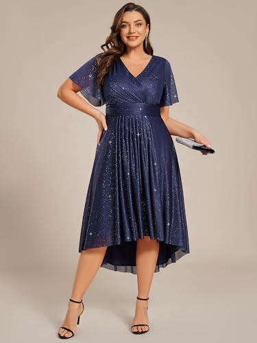 Image of Ever-Pretty Plus V Neck Short Sleeves Glitter Pleated Midi Plus Size Cocktail Wedding Guest Dresses for Curvy Women