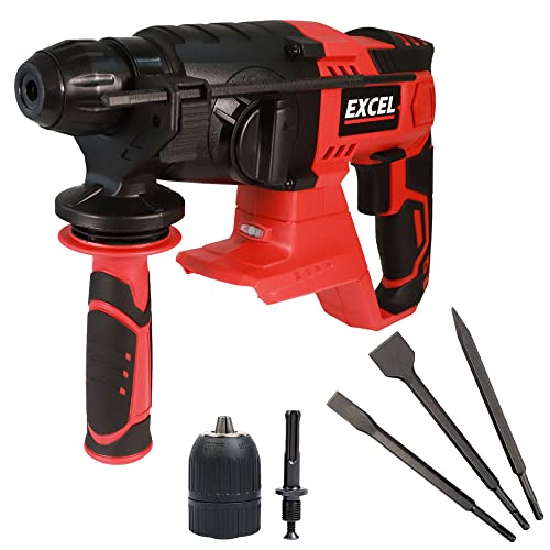 Excel 18V Cordless SDS-Plus Rotary Hammer Drill EXL554B with Chuck & Chisel Set (No Battery & Charger) - Variable Speed 1500RPM - 4 Mode Operation - LED Worklight - 360° Rotation