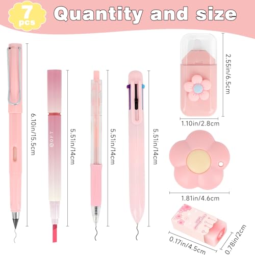 MOTIBACK Kugelstiftsatz Geschenkset 7-Teilig mit Ballpoint Stift Bleistift Gelstift Textmarker Universalmesser Korrekturband Radiergummi Schulbeginn für Saison Geschenk (Rosa)