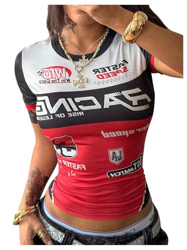GORGLITTER Womens Racing Race Car Shirts Outfits Racer Driver Costume Crop Tops Summer Short Sleeve Going Out Tops Multicolor Medium