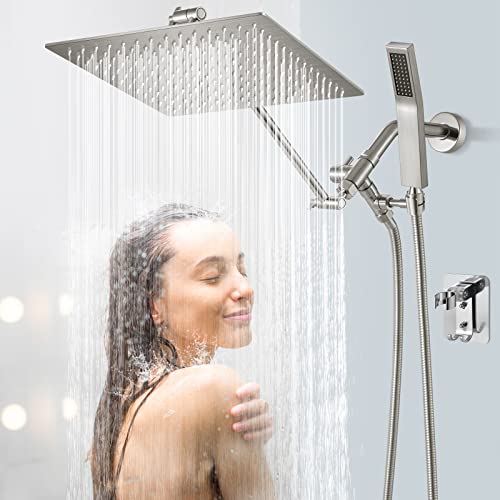 Shower Head, 12 Inch Hotqing All Metal Dual Square Shower Head Combo, Rainfall Shower Head With Handheld, Pressure High Rain Shower Head With 15 Inch Brass Adjustable Extension Arm - Brushed Nickel #TOP3