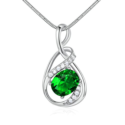 GULICX Green Pendant Necklace Emerald Color Silver Tone Prong Round Stone