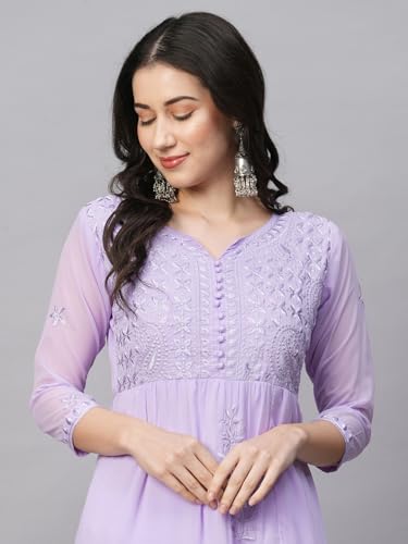 Image of RATAN Women's Solid Georgette Tiered Chikankari Flared Kurti Gown Maxi Dress
