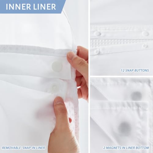 Image of Furlinic Extra Wide No Hook Shower Curtain with Snap in Liner White 96x75