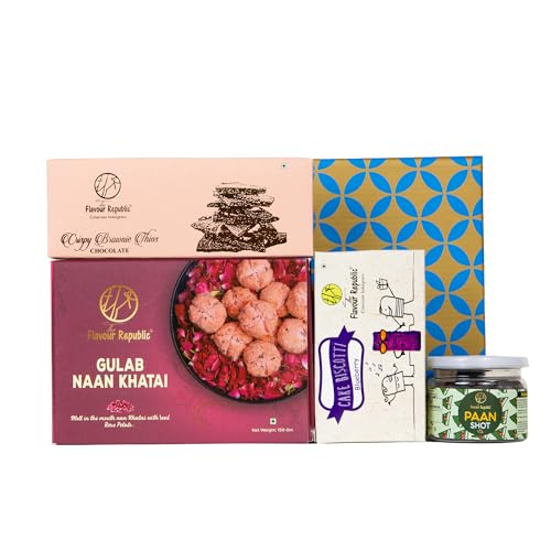 Image of The Flavour Republic Premium Diwali Greet & Treat Gift Box | Bhai Dooj Hamper with Gulab Naan Khatai, Brownie Thins, Blueberry Cake Biscotti & Mukhwas Paan Shots | Healthy Snacks for Birthdays, Anniversaries, Friends, Family & Corporate Gifting | Gourmet Snack Box