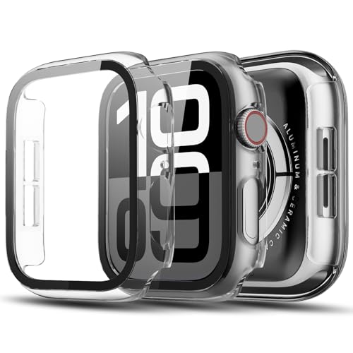 TGKML 2-Stück Kompatibel mit Apple Watch SE 3/SE 2/SE/6/5/4 Schutzhülle mit Displayschutzfolie 44mm Hard Gehäuse Eingebaut Kratzfest Gehärtetes Glas Schutzfolie für iWatch 44 mm Klar*2