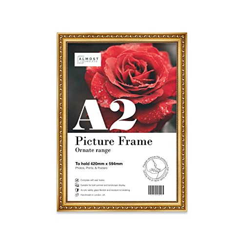 Almost Frameless A2 Gold Ornate Picture Frame Fits A2 (42 x 59.4cm - 16.5 x 23.4in) Poster, Photo, Artwork, or Print. Opulent Style Portrait and Landscape Display with Wall Hooks