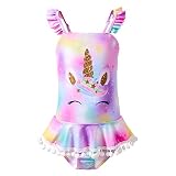 MHJY Girls One Piece Swimsuits Swimwear Unicorn Bathing Suit Ruffle Beachwear with Pompoms,5-6 Years