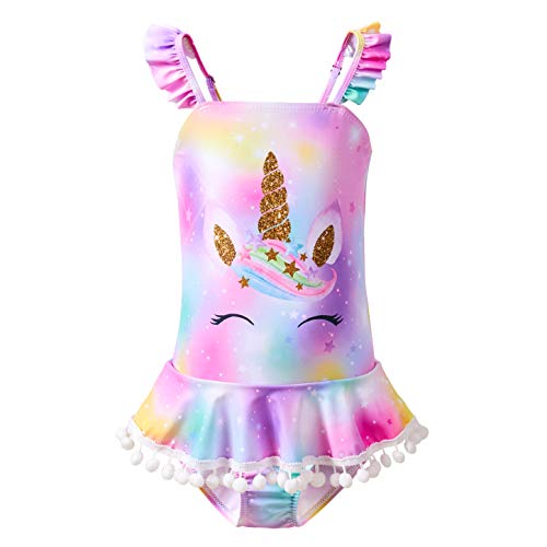 Mhjy Girls One Piece Swimsuits Swimwear Unicorn Bathing Suit Ruffle Beachwear With Pompoms,5-6 Years,Colorful #TOP5