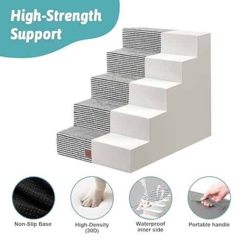 Image of COZY KISS Dog Stairs for Small Dogs 5-Step, 19.7 inch Extra Wide Right-Angle Pet Stairs for Couch and Beds, Anti-Slip Dog Steps for Old Cats and Lowrider, 19.7x29.5x23.6 inch, White Black