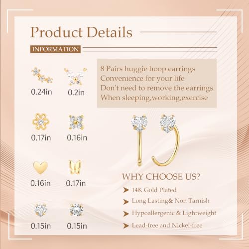 Chihayafuji 14K Gold Huggie Half Hoop Earrings Cartilage Helix Open Backless Earrings for Women 8 Pairs Hypoallergenic Small Nickel Free No Back Stay Close Jewelry Set Trending Valentine's Day Gifts - image 4