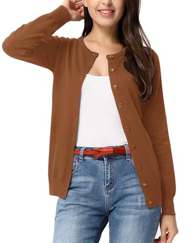 GRACE KARIN Long Sleeve Brown Cardigan Sweaters for Women Lightweight Dressy Button Down Sweater Jackets Fall Outfits L