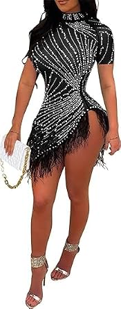 Womens Sexy Mock Neck Pearls Rhinestones Dress Short Sleeve Mesh Bodycon Feather Party Dress Nightclub Dresses
