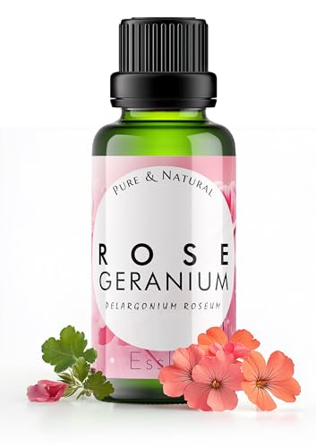 Image of Esslux Rose Geranium Essential Oil for Stress Relief - Natural Rose Geranium Oil for Skin Care and Companions - 100 Pure Therapeutic Grade Essential Oils Aromatherapy Oils for Diffuser - 90 ML