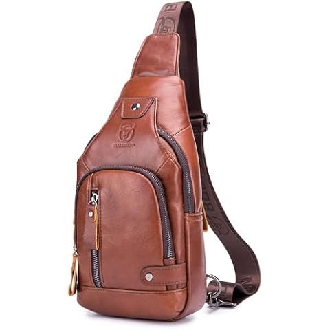 BULLCAPTAIN Leather Sling Bag Mens Chest Bag Casual Shoulder Crossbody Bags Travel Hiking Backpacks Daypack with USB Charging Port (Brown) Cover
