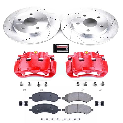 Image of PowerStop Front Brake Kit for Chrysler Aspen 2007-09 |Dodge Durango 2007-09 |Ram 1500 2009-10 - Carbon-Fiber Ceramic Brake Pads + Drilled & Slotted Rotors + Red Powder Coated Calipers, KC2163A
