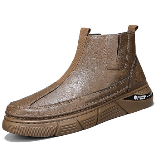 Men's Italian High-top Chelsea Leather Boots Casual Handmade Slip-on Shock-Absorbing Business Dress Booties Outdoor Softsole Non-Slip Chukka Ankle Boots