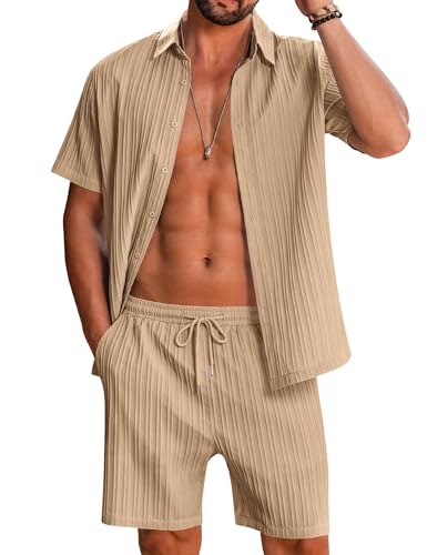 LecGee Men's 2 Piece Vertical Striped Textured Outfits Summer Casual Button Down Shirts and Shorts Matching Sets
