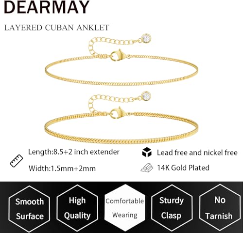 Image of DEARMAY Dainty 14K Gold Plated Ankle Bracelets for Women, Waterproof 14K Gold Plated Link Chain Anklets Non Tarnish Set Pack Summer Beach Jewelry Gift