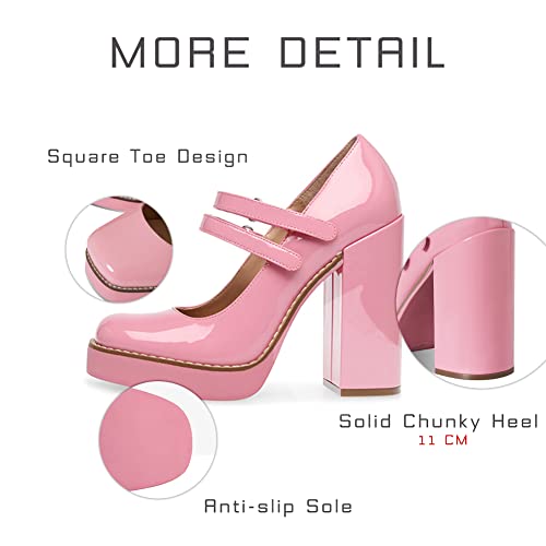 Ancomafio Women’s Mary Janes Square Toe Platform Heels Chunky Heeled Pumps Twice Loafer Ankle Strap Mary Janes Shoes4