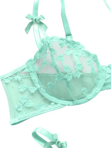 Image of Lilosy Sexy Underwire Cute Push Up Strappy Embroidered Mesh Sheer Lingerie Set See Through Panty Bra