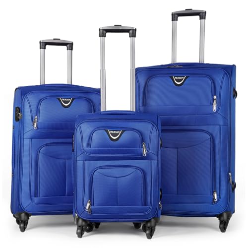 MERCURY TEXTIL   Juego de Maletas 3pcs de Tela con 4 Ruedas Giratorias 360°, Expandible (Cabina, Mediana y Grande), con Cierre de Seguridad   Ideal para Viajes y Vacaciones (Azul)