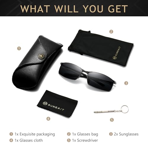Image of SUNGAIT Ultra-Lightweight Polarized Sunglasses Men for Driving Fishing Golf, Rectangular Metal Frame with Spring Hinge