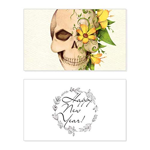 Tarjeta de felicitación de Año Nuevo con calavera y texto en inglés para sorprender en fiestas