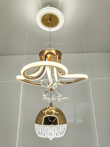 Image of swanart Modern LED Chandelier with Crystal Pendant - Dimmable Gold Ceiling Light Fixture for Living Room, Dining Room, Bedroom