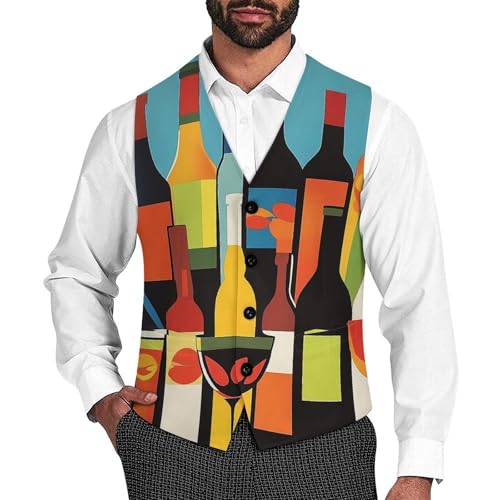 Colorful Wine Bottles Men's Suit Vest Slim Fit V-Ncek Waistcoat Business Casual Vest