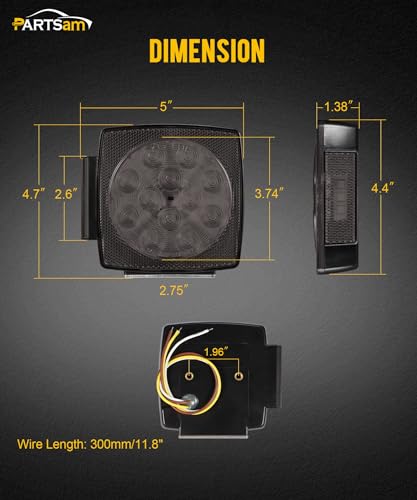 Image of Partsam Pair Slim Square LED Trailer Light Submersible Tail Lights 15 Red 4 White LEDs 5050 SMD Stop Turn Tail with Side Clearance and License Lights for Under 80 inch Boat Trailer 12V IP67 Smoke Lens