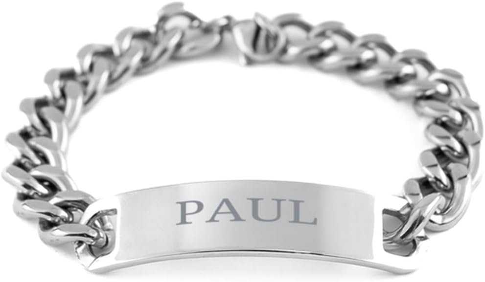 Gifts For Paul - Trendy Custom Name ID Plate Cuban Chain Stainless Steel Bracelet Christmas Birthday Gifts For Son Brother Dad Husband Grandson Uncle Friends Boy Teanager Men, Engraved Adjustable