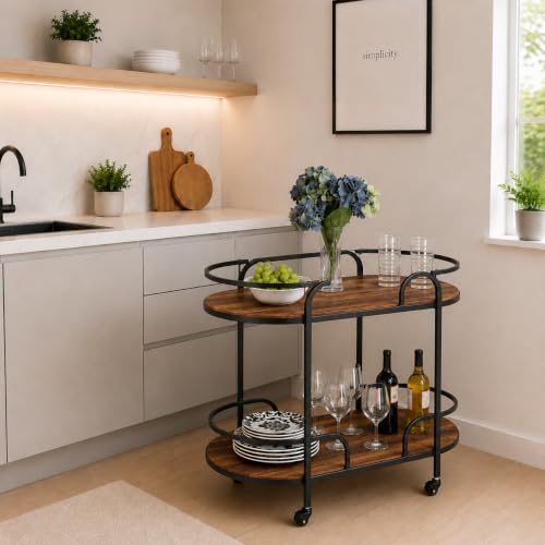 Image of Modern 2-Tier Bar Cart with Marble Tops & Metal Frame - Rolling Serving Coffee Table with Wheels, Storage Shelf for Living Room, Kitchen & Dining Room (Black Brown)