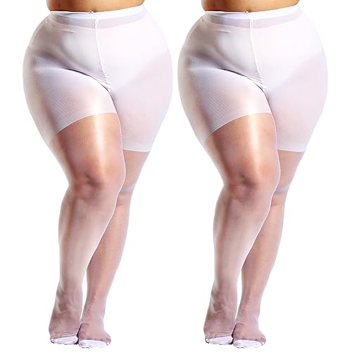 HONENNA 2 Pairs Plus Size Sheer Tights for Women 17 Colors Ultra Thin Pantyhose Reinforced Toes High Waist Stockings White 2 Pairs 3XL-4XL
