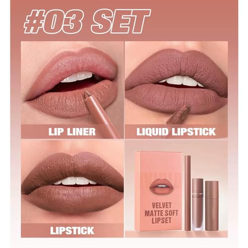 Image of Matte Lip Liner Lip Stick Lip Oil Set, Lip Makeup Set Natural Smooth Long-Lasting And Hydrating Beauty Daily Cosmetics Gift for Girls Easy-to-Use(#03)