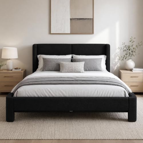 Image of LIKIMIO Queen Bed Frame with USB Ports & Wingback Headboard, Black | Boucle Upholstered Platform Bed, Sturdy Slat Frame, No Box Spring Needed, Fits Living Room and Apartment.