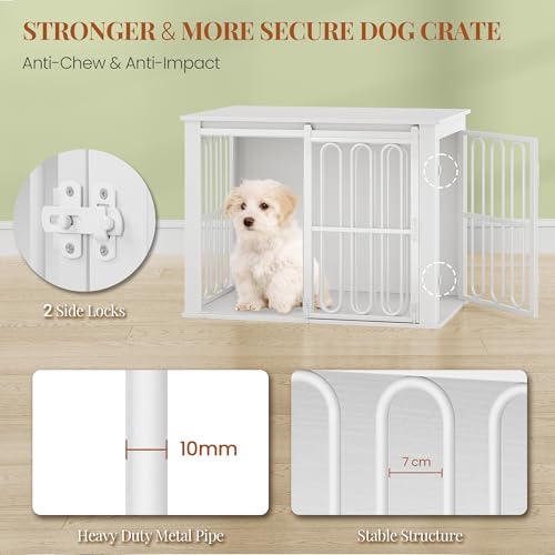 HEXCELEN Hundekäfig-Möbel aus Holz, 81 cm Hundebox für Zuhause, Hundekäfig mit 2 Türen, Schiebetüren, für Kleine, Mittlere Hunde, Robuster, Beistelltisch, 81 × 55 × 62,4 cm, Weiß