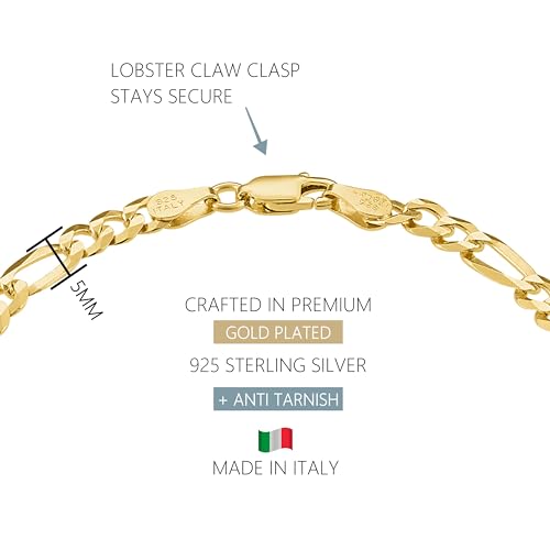 KISPER Mens Gold Bracelet 18K Gold Plated 925 Sterling Silver - 5mm Cuban Link Curb Chain & Figaro Link Bracelets for Men - Sizes 6.5,7,8,9 Inch3