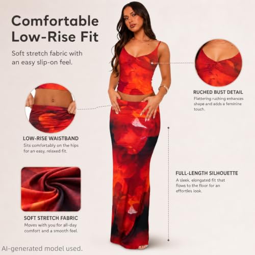 Image of Two Piece Skirt Set Women Maxi Long Skirt and Top Outfit | Soft stretchy 5 pc, slim bodycon, adjustable spaghetti straps, ruched crop tank, elastic waist, going out, beach vacation